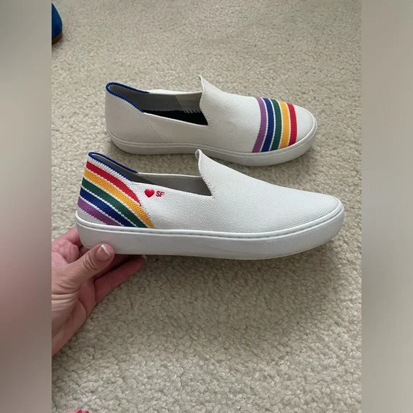 Rothy’s White Pride Slip-On Sneakers with Rainbow Stripes - Picture 2 of 4